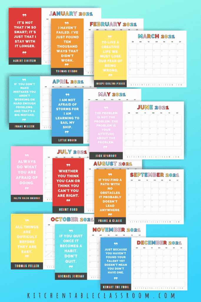 Printable 2021 calendar with growth mindset quotes 