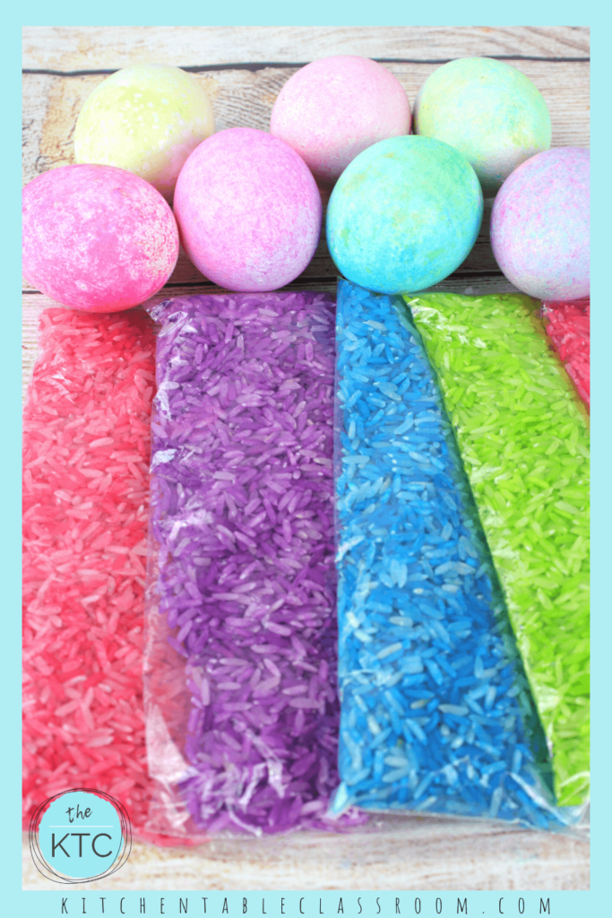 use bags of colored rice to dye Easter eggs