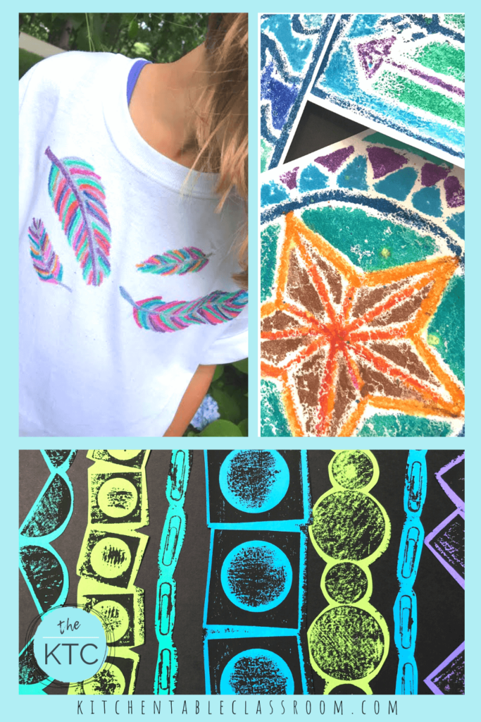 sandpaper prints, print your own t-shirt, and collograph printing with a focus on patterns