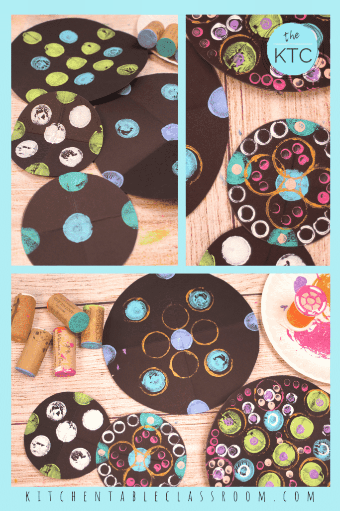 Polka dot mandalas made with a found object printmaking process for kids