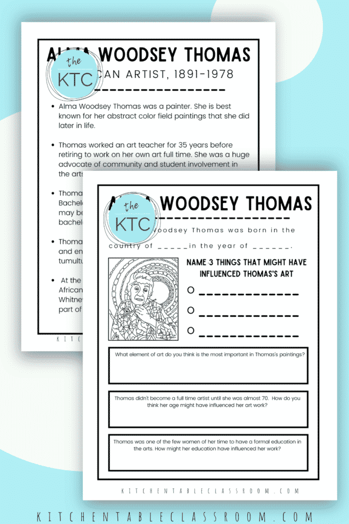 Alma Woodsey Thomas for kids printable artist study and response pages.