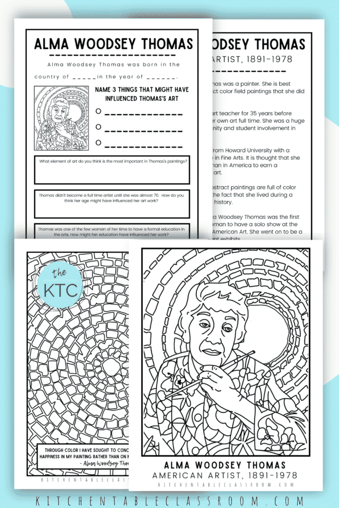 Alma Woodsey Thomas coloring pages, artist portrait, biography pages and more are free for you to use in your home or classroom.