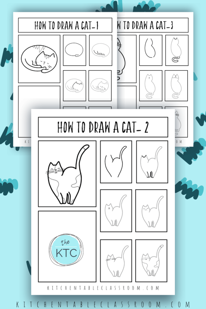 Three free how to draw a cat step by step drawing guides to use in your home or classroom.