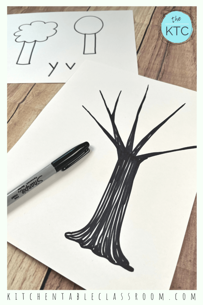 Drawing trees for kids is using the letters "y" and "v" as reference points.