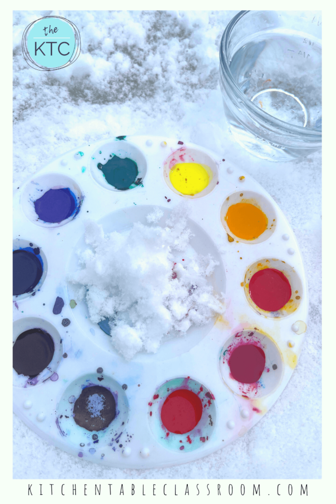 Painting on snow with watercolor paints os a great process art activity for winter.