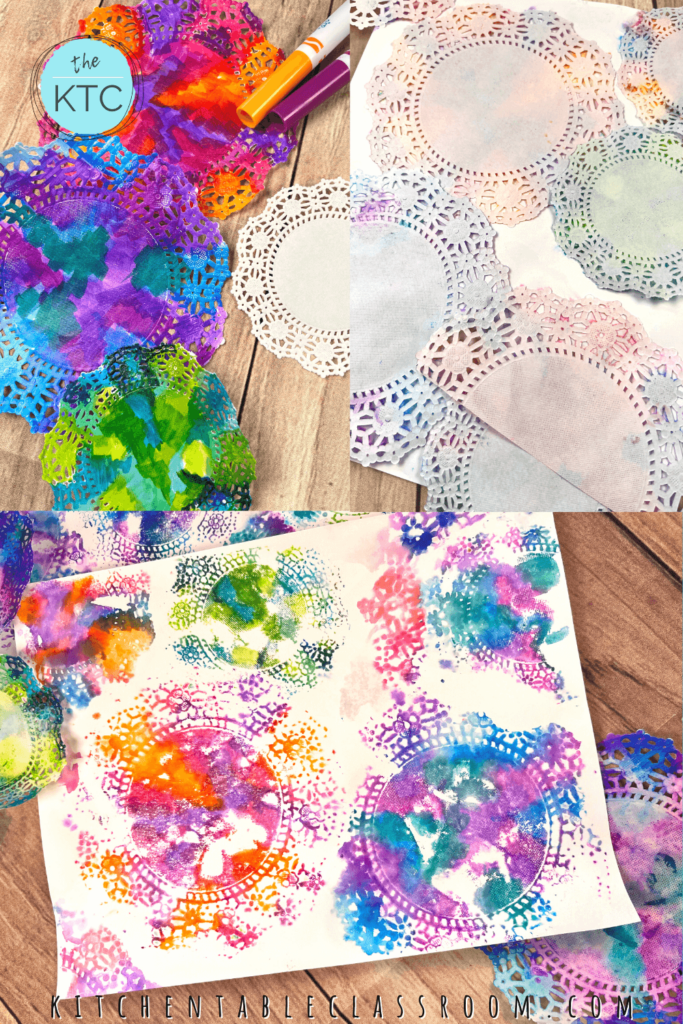 Colorful doily prints are a result of washable markers and water!