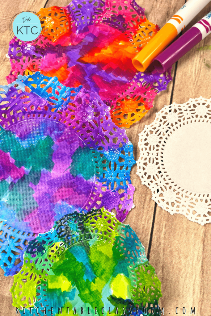 Use washable markers on paper doilies to create these doily prints.