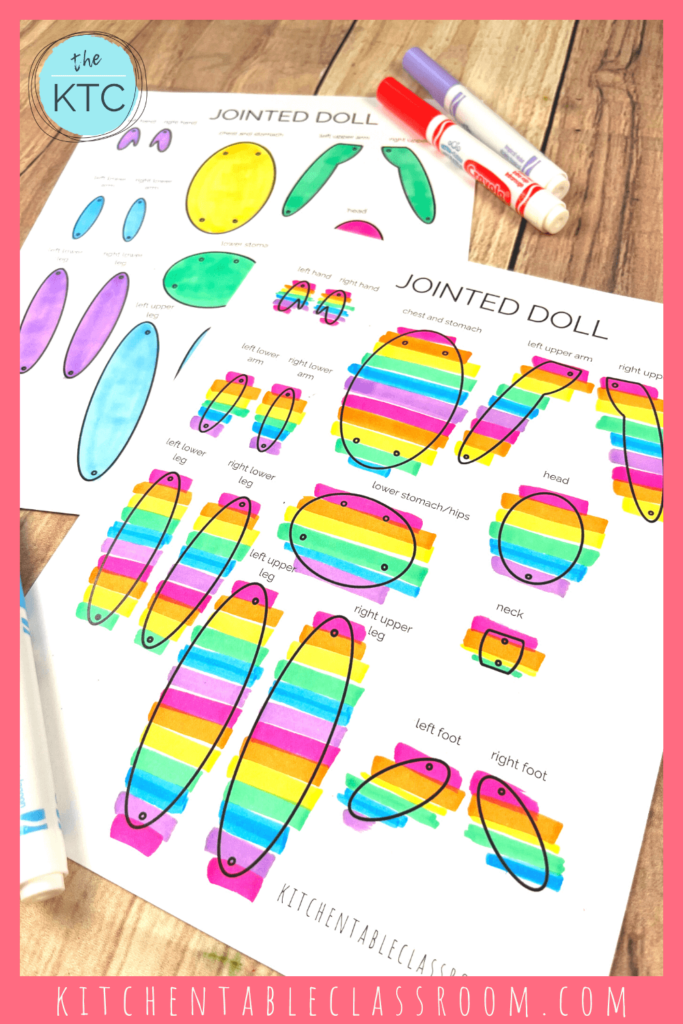 This printable paper jointed doll prints on a single piece of paper and comes together with brads for a moveable, pose-able person template.