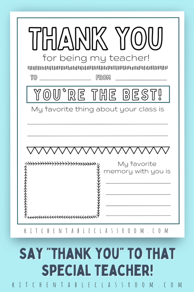 Tell that special teacher thank you with this printable teacher appreciation card ready for your kiddos to print, color, and write on.