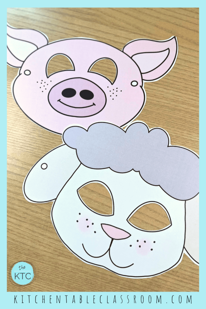 This free printable pig mask and lamb mask are ready for your kids to color, cut, and play.