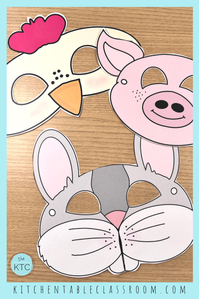 A printable chicken mask bunny mask, and pig mask are free for you to use in your home or classroom!