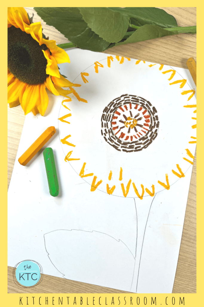 This easy sunflower painting for kids uses watercolors and oil pastels.