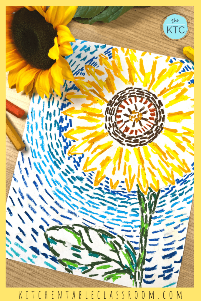 Add movement and pattern to the background of this kid's sunflower painting lesson with oil pastel.