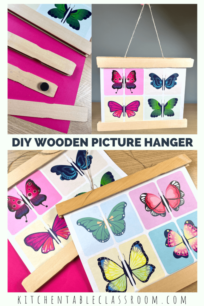 This DIY wooden picture hanger is made with paint stir sticks for a fun and easy way to display kid's artwork or photos!