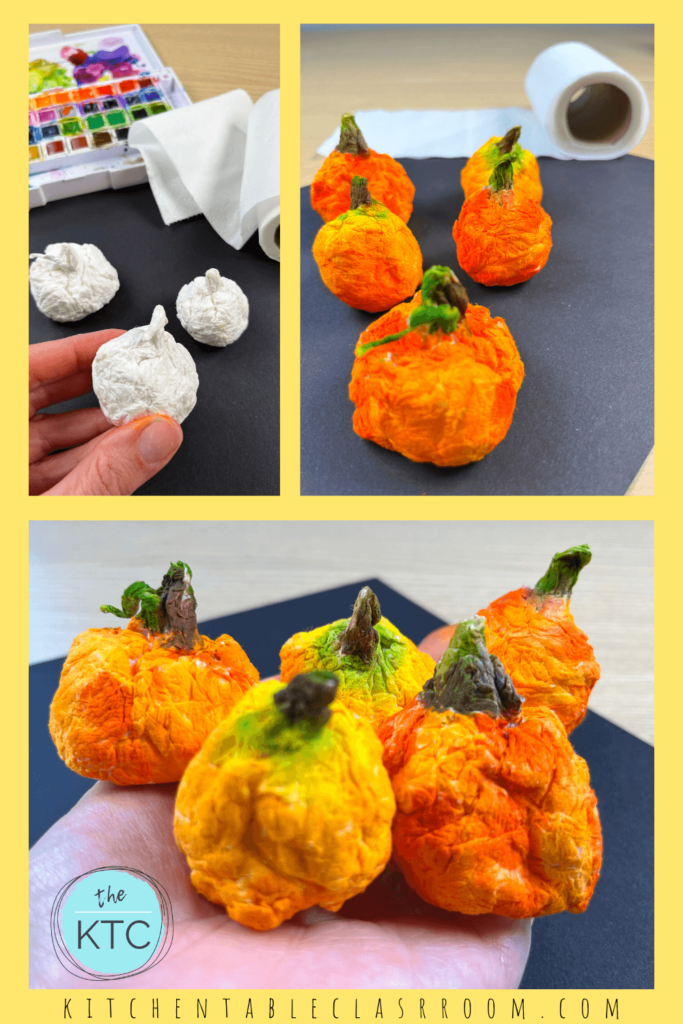 These easy pumpkin sculptures can be made with just water and toilet paper. Add color with watercolor paints!