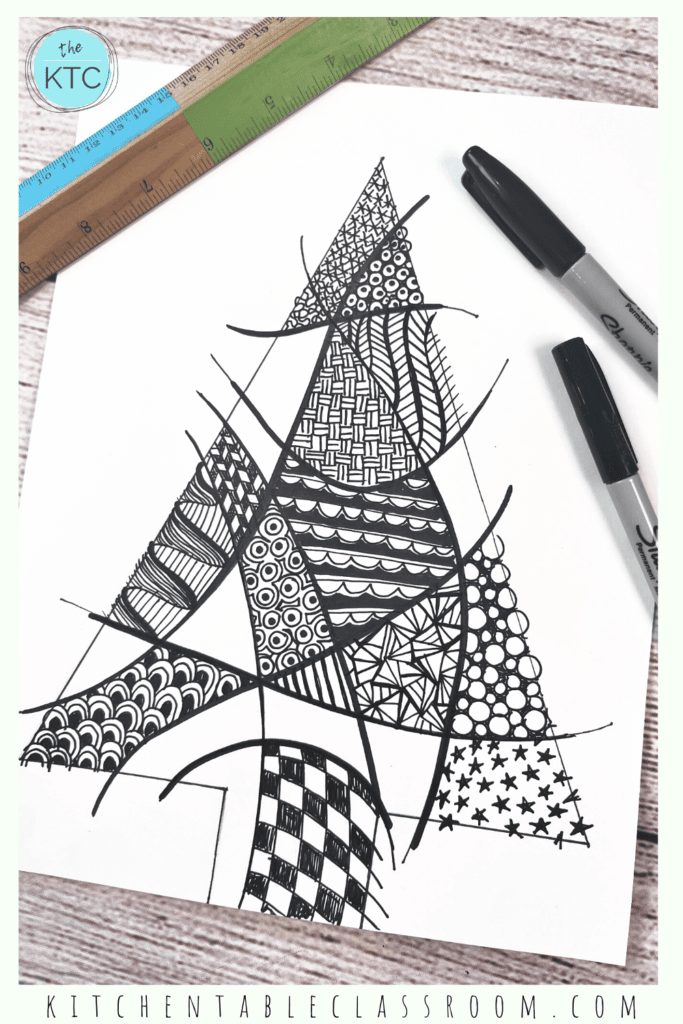 Traditional zentangle is black and white. Leave your Christmas tree zentangle like this or add color later!