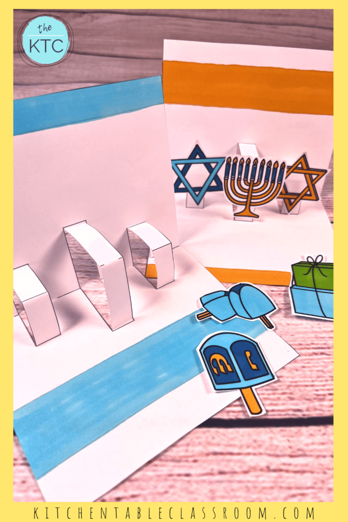 Print color and assemble your own Hanukkah printable pop up card!
