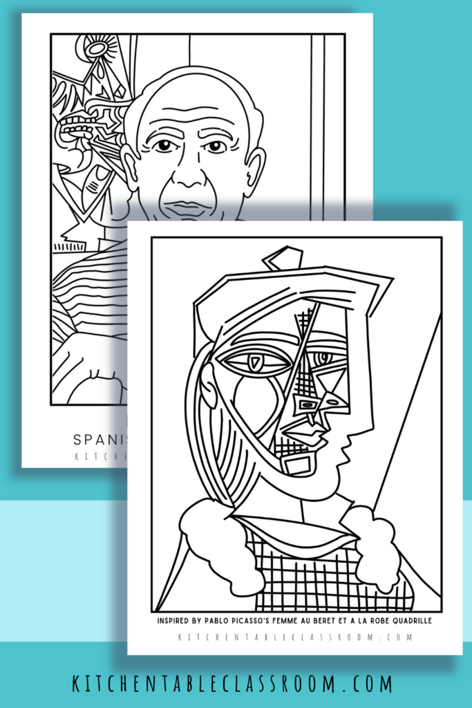 Two Picasso coloring pages include one inspired by Picasso's famous paintings, while the other encourages kids to create their own Picasso-inspired portrait. 