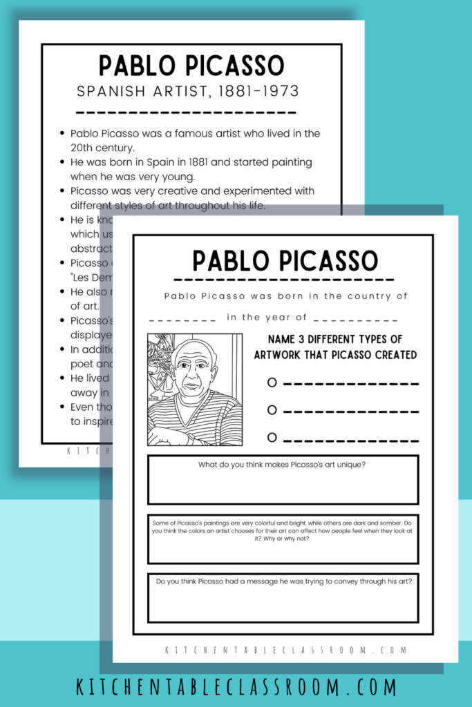 The Picasso for kids printable resources that I have created are a fun and educational way for children to learn about the life and artwork of the famous artist, Pablo Picasso.