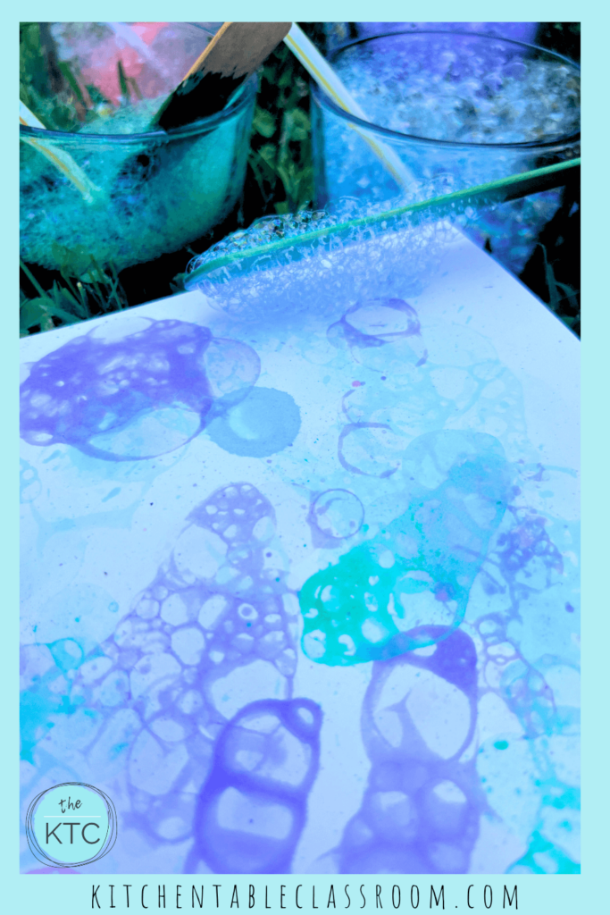 Make bubble art with bubble solution and food coloring- a great opportunity for making outdoor art!