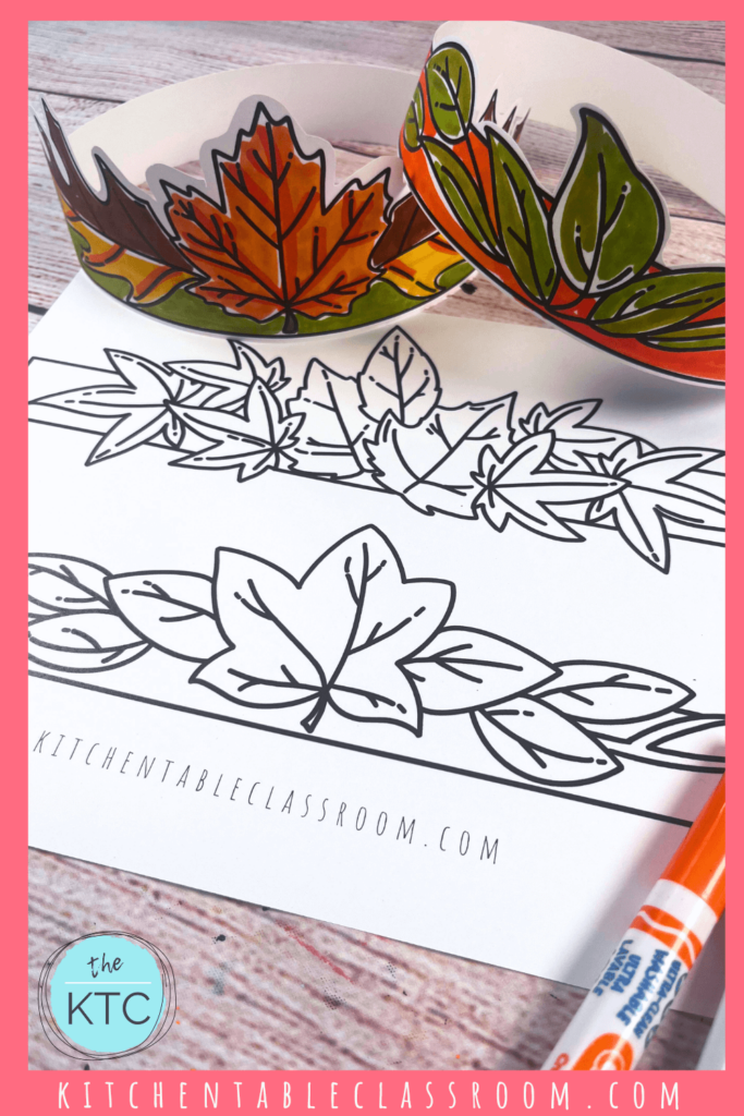Four free printable leaf headbands for kids to color and wear
