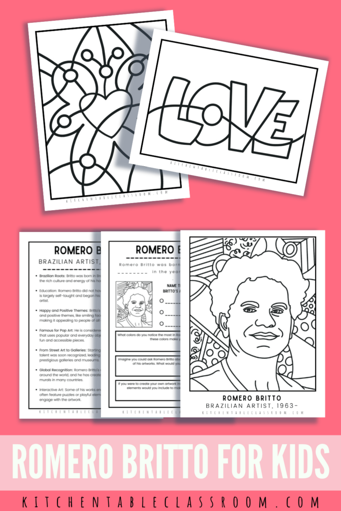 Romero Britto coloring page and quick fact sheets for learning about Romero Britto with kids