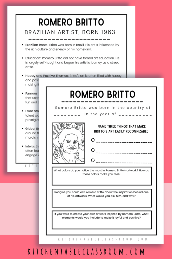 Romero Britto for kids printables- quick fact sheet and a short answer page for kids to show what they learned!